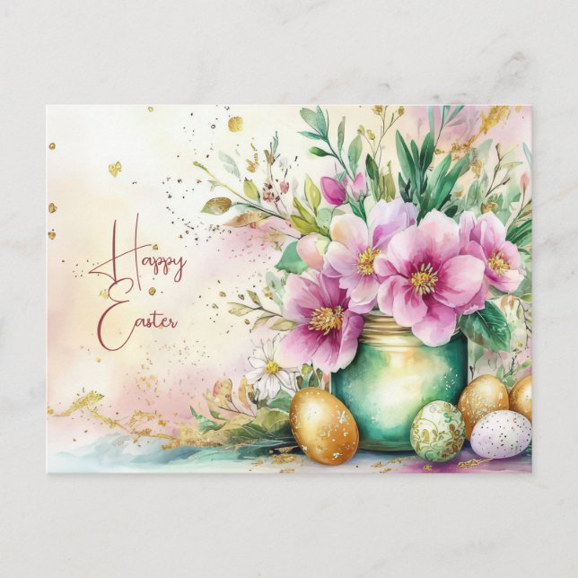 Aquarell Easter postcard with Easter eggs and flow (Front)