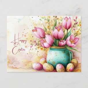 Aquarell Easter postcard with Easter eggs and flow