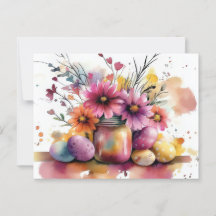 Aquarell Easter postcard with Easter eggs and flow