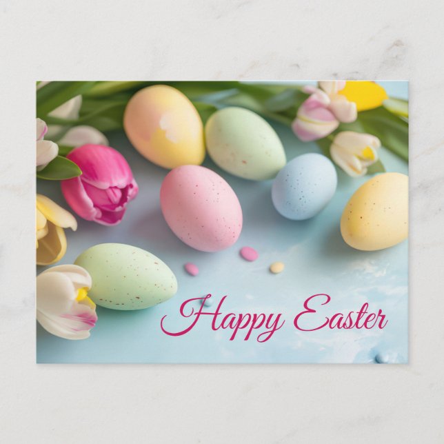 Aquarell Easter postcard with Easter eggs and tuli (Front)
