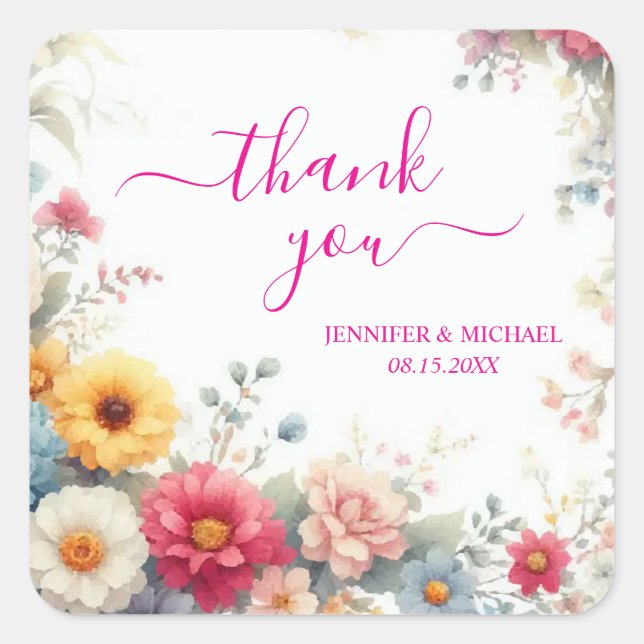 Aquarell Flowers Calligraphy Script Thank You Square Sticker (Front)