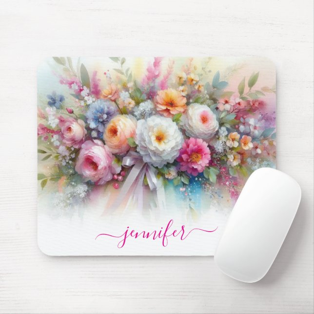 Aquarell Flowers Calligraphy Script Your Name Mouse Pad (With Mouse)