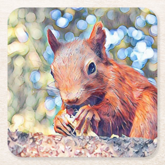 aquarell squirrel square paper coaster (Front)