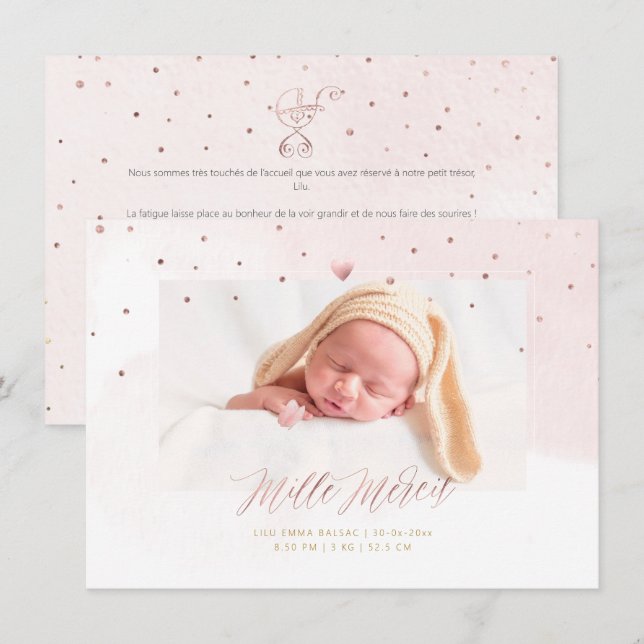 Aquarelle Confettis Remerciement Naissance Fille Invitation (Front/Back)