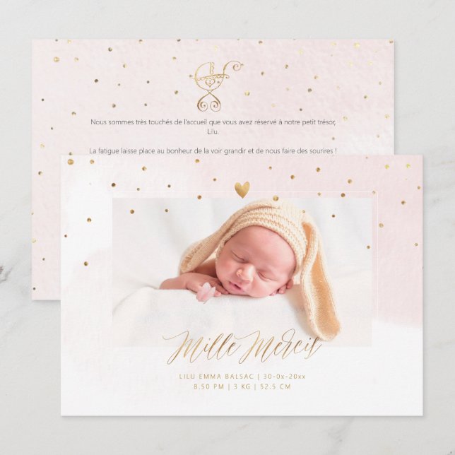 Aquarelle Confettis Remerciement Naissance Fille Invitation (Front/Back)