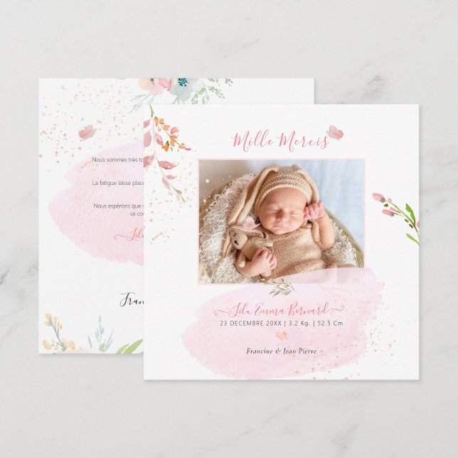 Aquarelle Fleurs Remerciement Naissance Fille Invitation (Front/Back)