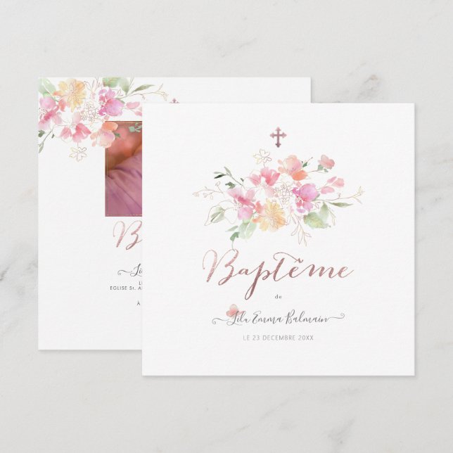 Aquarelle Fluers de Pois Faire-part de Baptême Invitation (Front/Back)