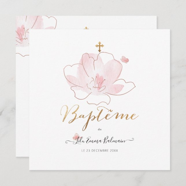 Aquarelle Les Fluers  Faire-part de Baptême Invitation (Front/Back)