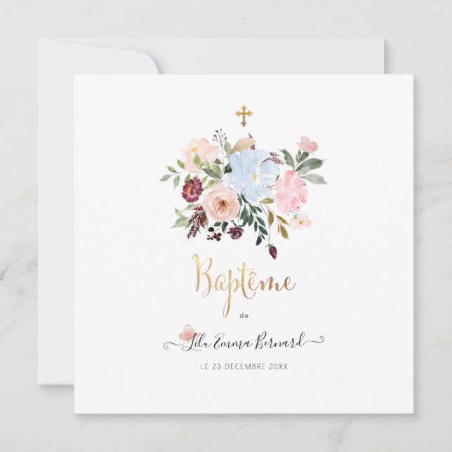 Aquarelle Petites Fluers  Faire-part de Baptême Invitation (Front)