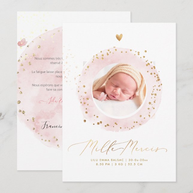 Aquarelle Remerciement Naissance Fille Invitation (Front/Back)