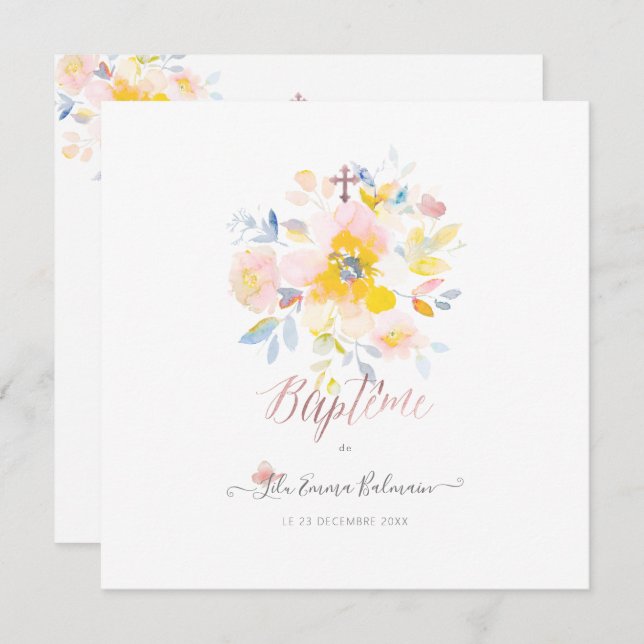 Aquarelle Rose de Jardin Faire-part de Baptême Invitation (Front/Back)