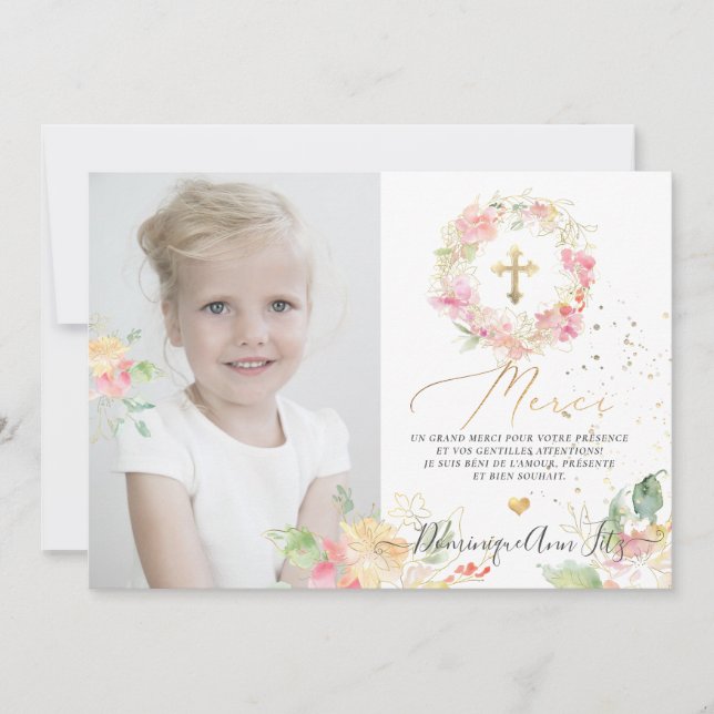 Aquarelle Rougissant Remerciements-Bapteme Fille Invitation (Front)