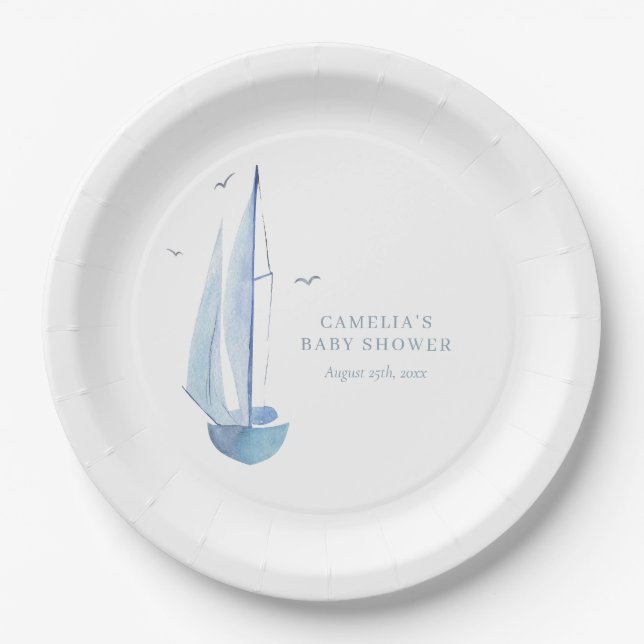Aquarelle Sailboat Baby Shower Ahoy Boy's Welcome  Paper Plates (Front)