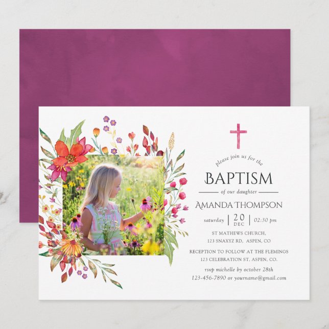 Aquarelle Wildflower Baptism or Christening Invitation (Front/Back)