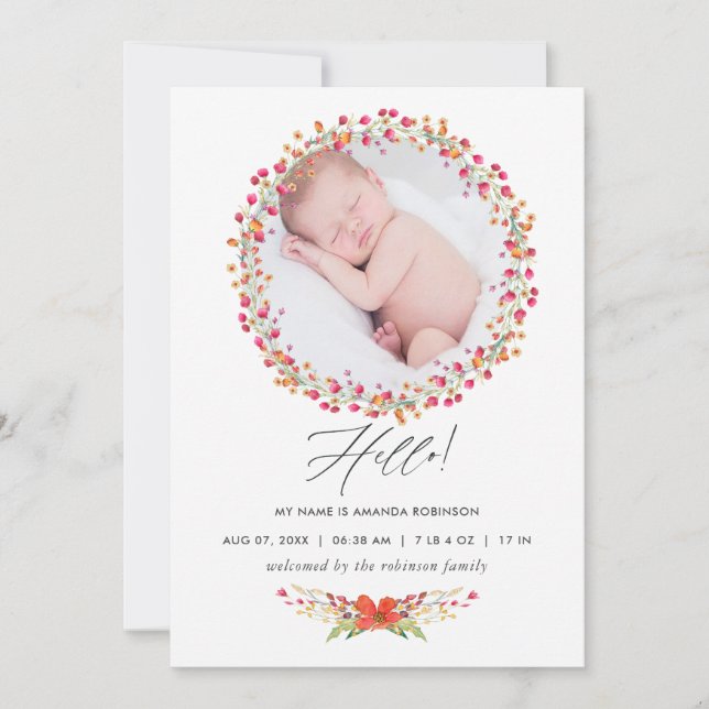 Aquarelle Wildflower Birth Announcement Photo Card (Front)