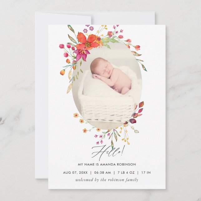 Aquarelle Wildflower Birth Announcement Photo Card (Front)