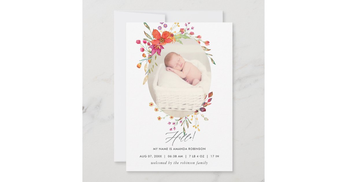 Aquarelle Wildflower Birth Announcement Photo Card | Zazzle