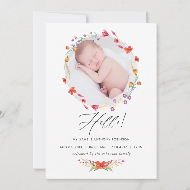 Aquarelle Wildflower Birth Announcement Photo Card (Front)