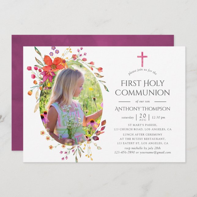 Aquarelle Wildflower First Holy Communion Invitation (Front/Back)
