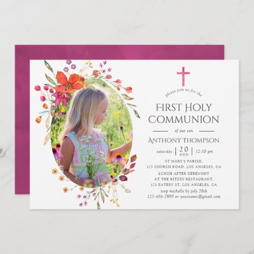 Aquarelle Wildflower First Holy Communion Invitation