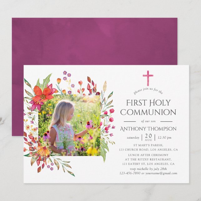 Aquarelle Wildflower First Holy Communion Invitation (Front/Back)