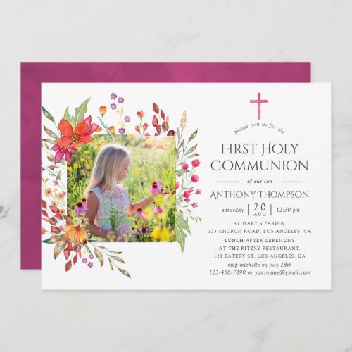 Aquarelle Wildflower First Holy Communion Invitation