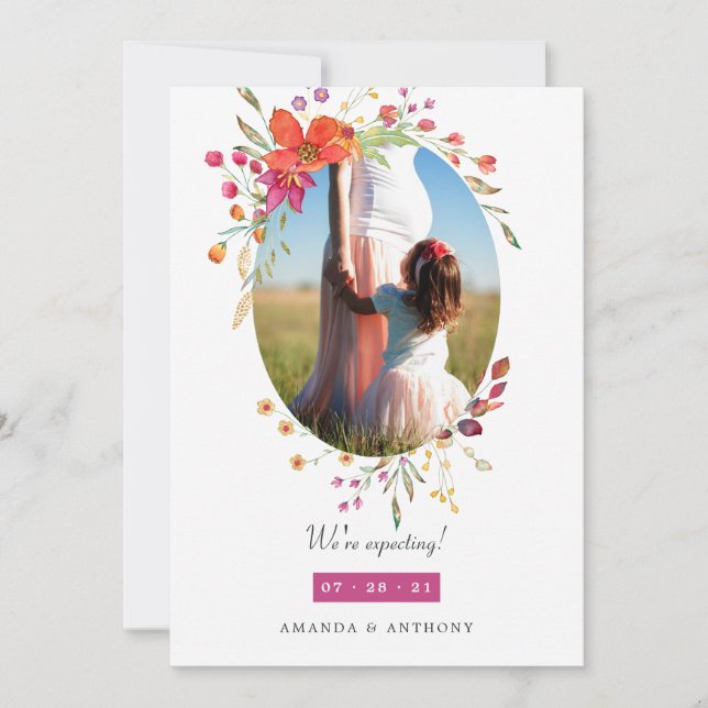 Aquarelle Wildflower Photo Pregnancy Announcement (Front)