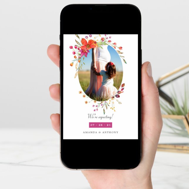 Aquarelle Wildflower Photo Pregnancy Announcement (Front Digital)
