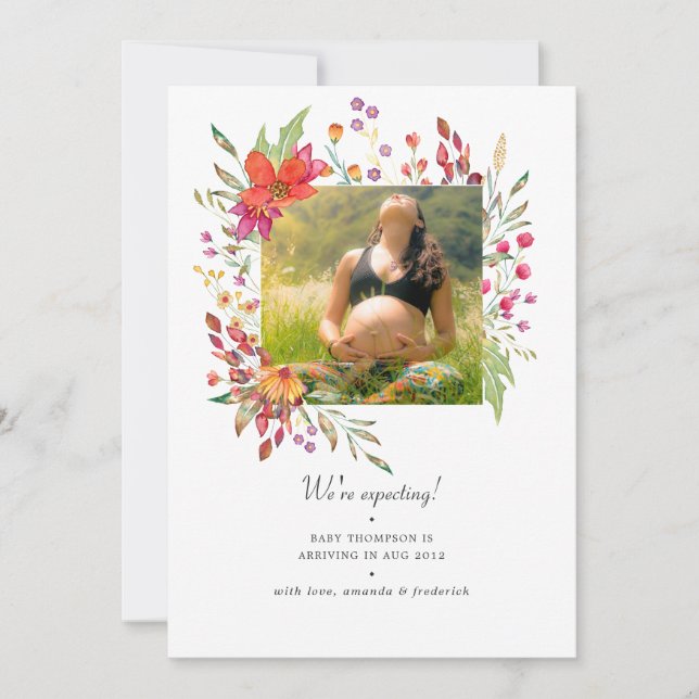 Aquarelle Wildflower Photo Pregnancy Announcement (Front)