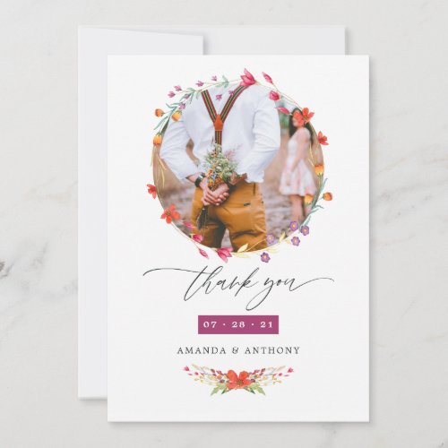 Aquarelle Wildflower Photo Wedding Photo Thank You Card