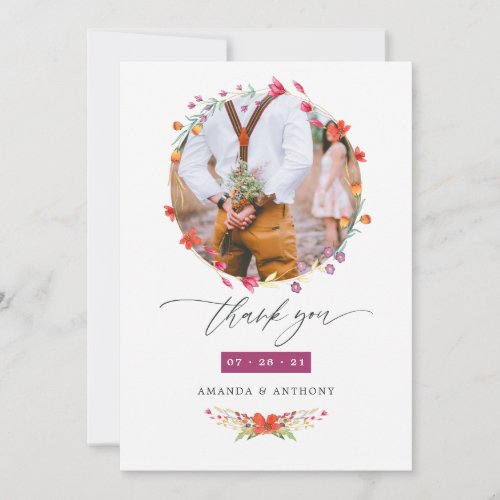 Aquarelle Wildflower Wedding Photo Collage Thank You Card