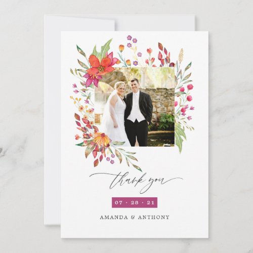 Aquarelle Wildflower Wedding Photo Thank You Card