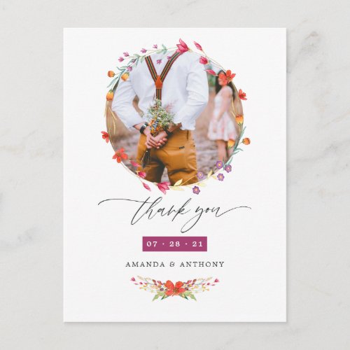 Aquarelle Wildflower Wedding Photo Thank You Postcard