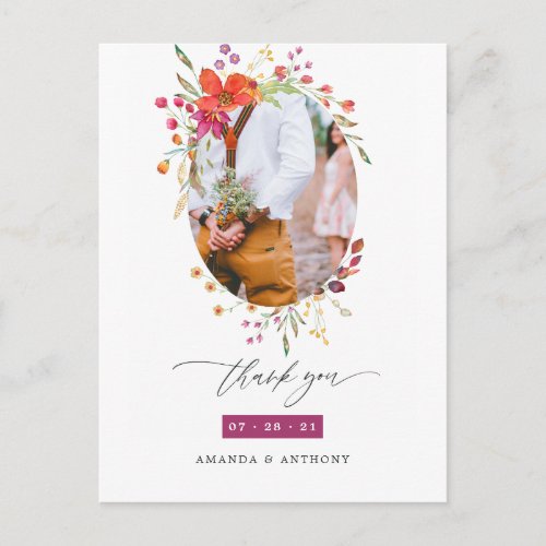 Aquarelle Wildflower Wedding Photo Thank You Postcard