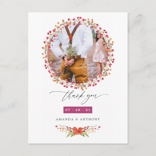 Aquarelle Wildflower Wedding Photo Thank You Postcard (Front)