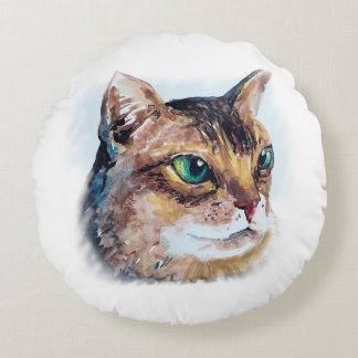 Aquarellporträt einer Katze  Round Pillow