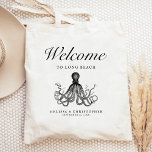 Aquarium Destination Wedding Welcome Octopus Tote Bag<br><div class="desc">This aquarium destination wedding hotel or favor bag features a vintage illustration of an octopous under the word "welcome" in elegant script. Personalize it with your wedding location,  the names of the bride and groom,  and the wedding date.</div>