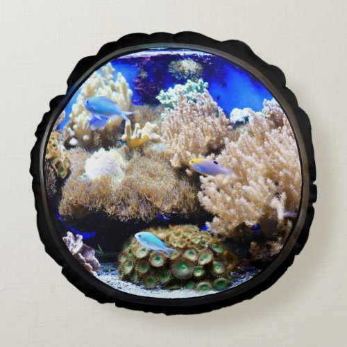 Aquarium Tropical fish coral saltwater blue black Round Pillow