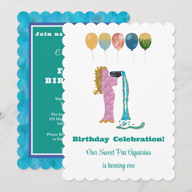 Aquarius 1st Birthday Impressionist Gold Glitter  Invitation (Front/Back)