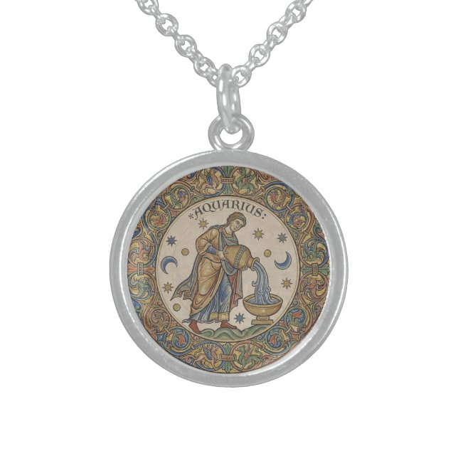 Aquarius Aether: Medieval Alchemical Water-Bearer Sterling Silver Necklace (Front)