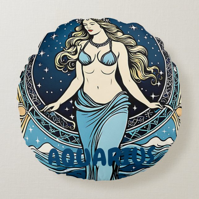 Aquarius Astrology Sign Round Pillow (Front)