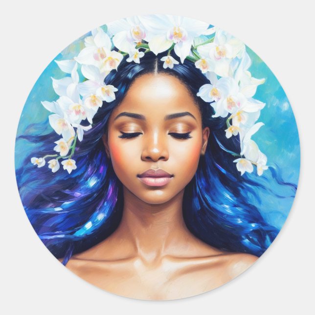 Aquarius Black Girl Zodiac Art Classic Round Sticker (Front)