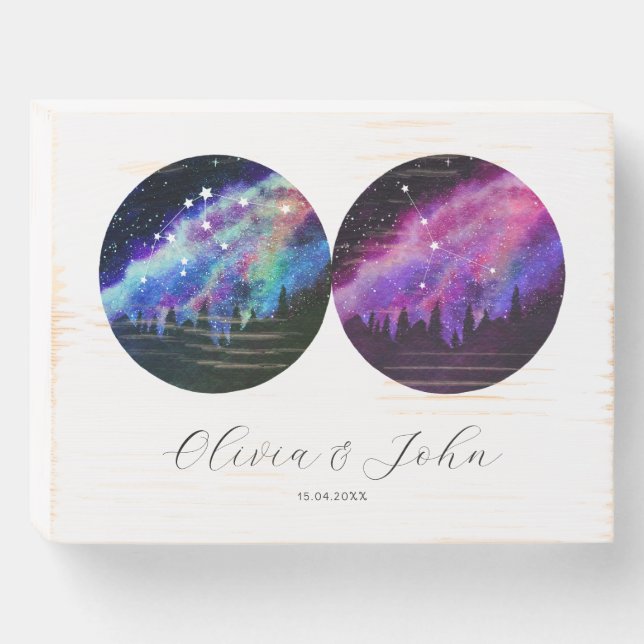 Aquarius Cancer Personalized Couples Horoscope Wooden Box Sign (Front Horizontal)