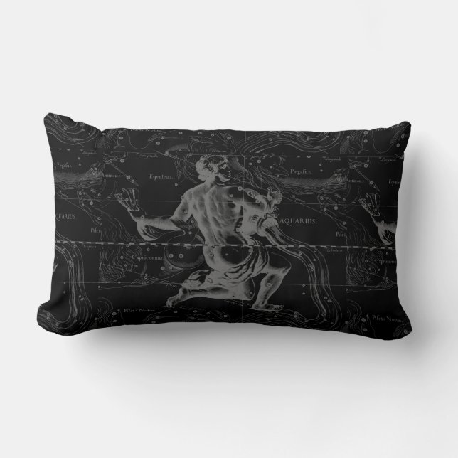 Aquarius Constellation Hevelius 1690 on Black Lumbar Pillow (Front)
