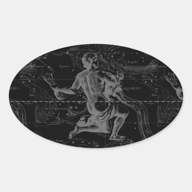 Aquarius Constellation Hevelius 1690 on Black Oval Sticker (Front)