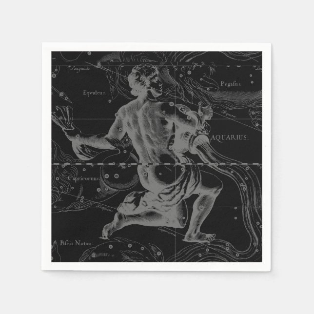 Aquarius Constellation Hevelius 1690 on Black Paper Napkins (Front)