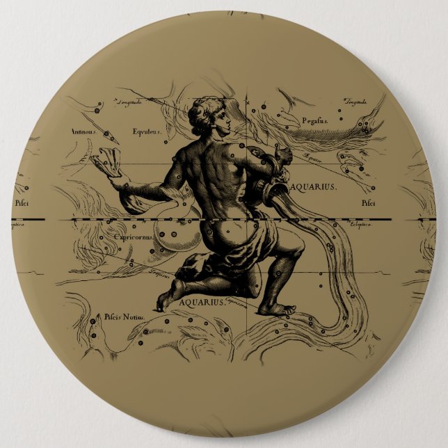 Aquarius Constellation Map Hevelius 1690 on Taupe Button (Front)
