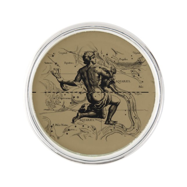 Aquarius Constellation Map Hevelius 1690 on Taupe Lapel Pin (Front)