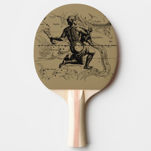 Aquarius Constellation Map Hevelius 1690 on Taupe Ping-Pong Paddle (Front)