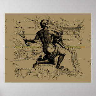 Aquarius Constellation Map Hevelius 1690 on Taupe Poster